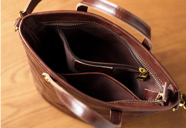 Womens Vintage Leather Bucket Bag Full-Grain Vegetable Tanned Handbag Crossbody Purse Inside