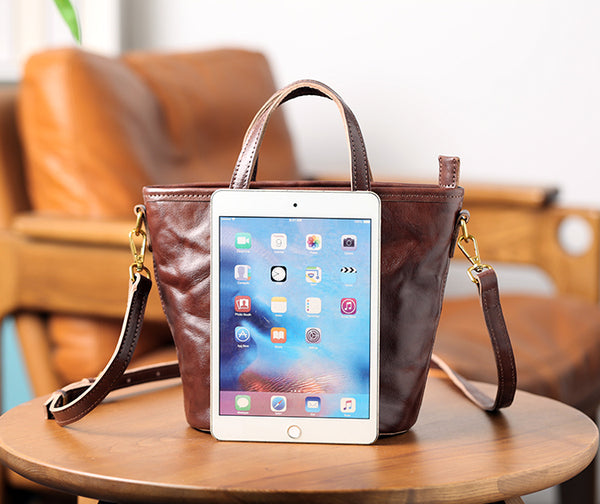 Womens Vintage Leather Bucket Bag Full-Grain Vegetable Tanned Handbag Crossbody Purse Quality