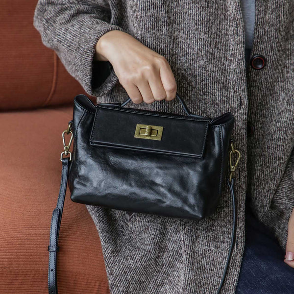 Womens Vintage Top-Grain Leather Small Crossbody Bag Shoulder Handbag Black