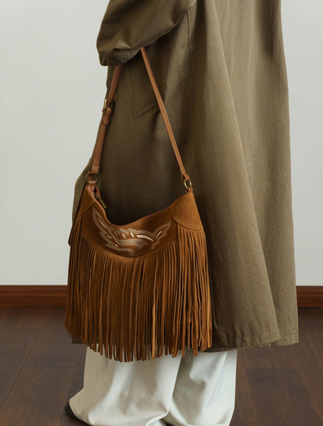 Womens Western Leather Fringe Purse Boho Crossbody Bag Brown