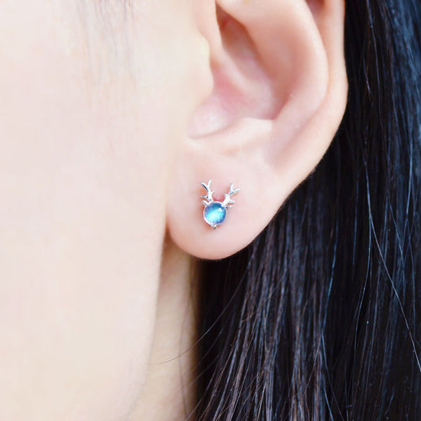Womens White Gold Plated Silver Moonstone Stud Earrings Deer Head Design Cute