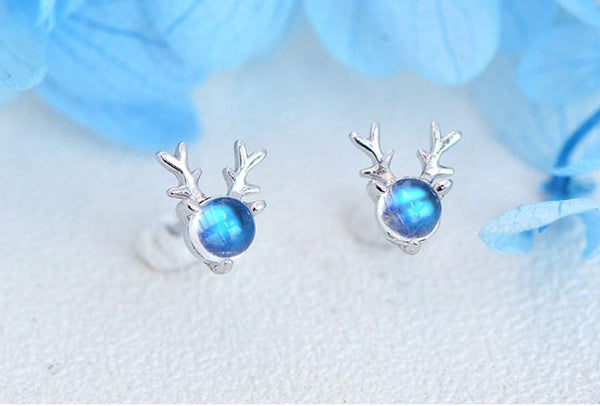 Womens White Gold Plated Silver Moonstone Stud Earrings Deer Head Design Elegant