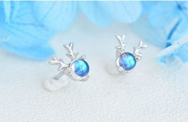 Womens White Gold Plated Silver Moonstone Stud Earrings Deer Head Design Gift