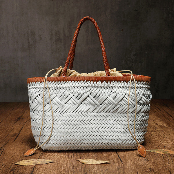 Womens White Leather Woven Handbags Woven Leather Tote Bag Casual