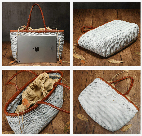 Womens White Leather Woven Handbags Woven Leather Tote Bag Cowhide