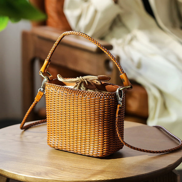 Womens Woven Genuine Leather Bucket Bags Top Handle Handbag Beautiful