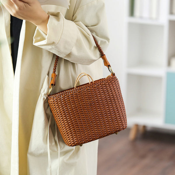 Womens Woven Genuine Leather Bucket Bags Top Handle Handbag Brown