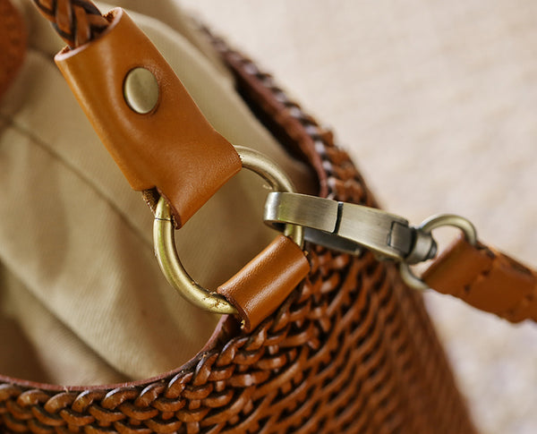 Womens Woven Genuine Leather Bucket Bags Top Handle Handbag Stylish