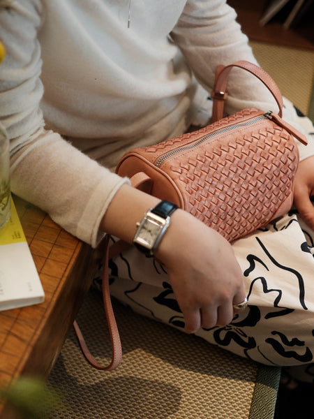 Woven Genuine Leather Crossbody Bag for Women Mini Barrel Bag in Top Grain Cowhide Badass