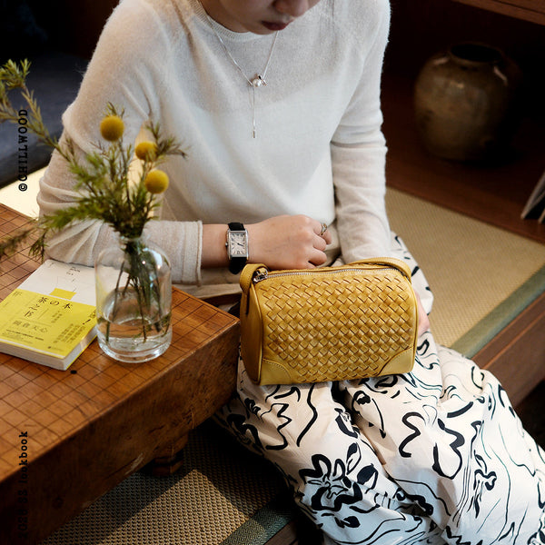 Woven Genuine Leather Crossbody Bag for Women Mini Barrel Bag in Top Grain Cowhide Beautiful
