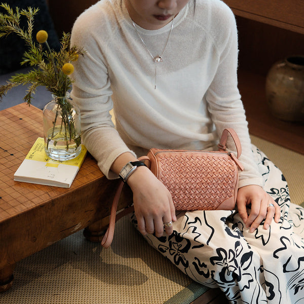 Woven Genuine Leather Crossbody Bag for Women Mini Barrel Bag in Top Grain Cowhide Casual