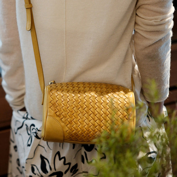 Woven Genuine Leather Crossbody Bag for Women Mini Barrel Bag in Top Grain Cowhide Classy