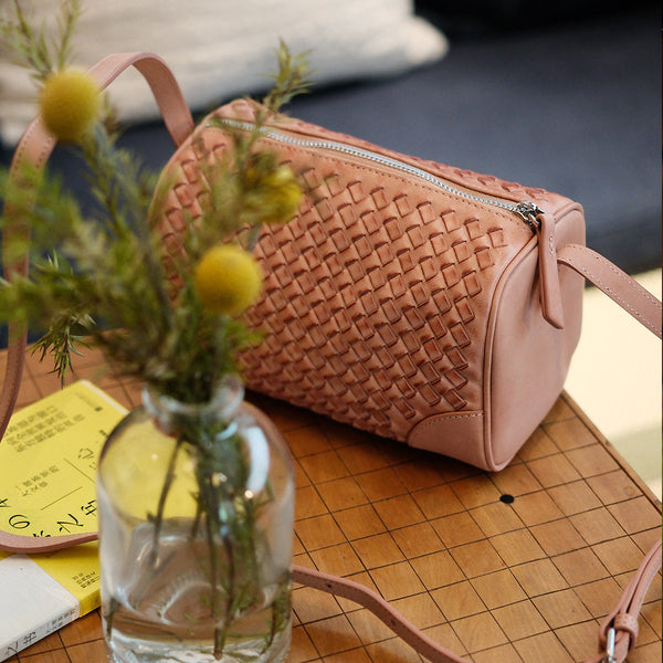 Woven Genuine Leather Crossbody Bag for Women Mini Barrel Bag in Top Grain Cowhide Cool