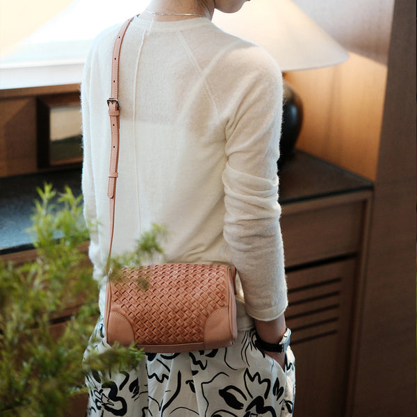 Woven Genuine Leather Crossbody Bag for Women Mini Barrel Bag in Top Grain Cowhide Cute