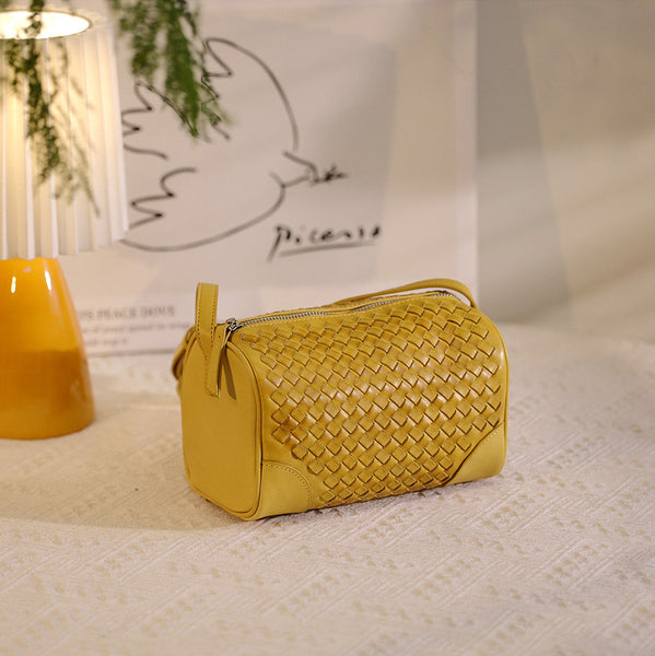 Woven Genuine Leather Crossbody Bag for Women Mini Barrel Bag in Top Grain Cowhide Designer