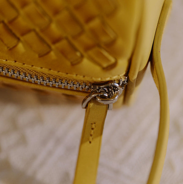 Woven Genuine Leather Crossbody Bag for Women Mini Barrel Bag in Top Grain Cowhide Durable