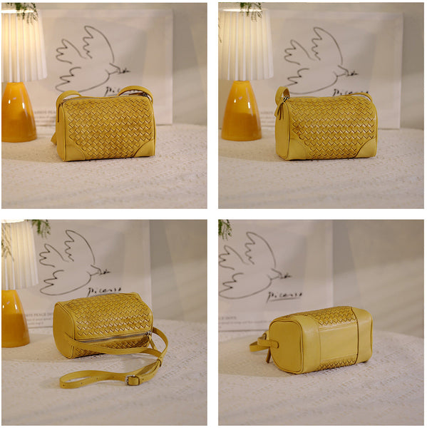 Woven Genuine Leather Crossbody Bag for Women Mini Barrel Bag in Top Grain Cowhide Elegant