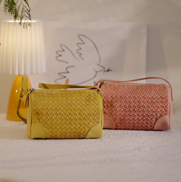 Woven Genuine Leather Crossbody Bag for Women Mini Barrel Bag in Top Grain Cowhide Fashionable