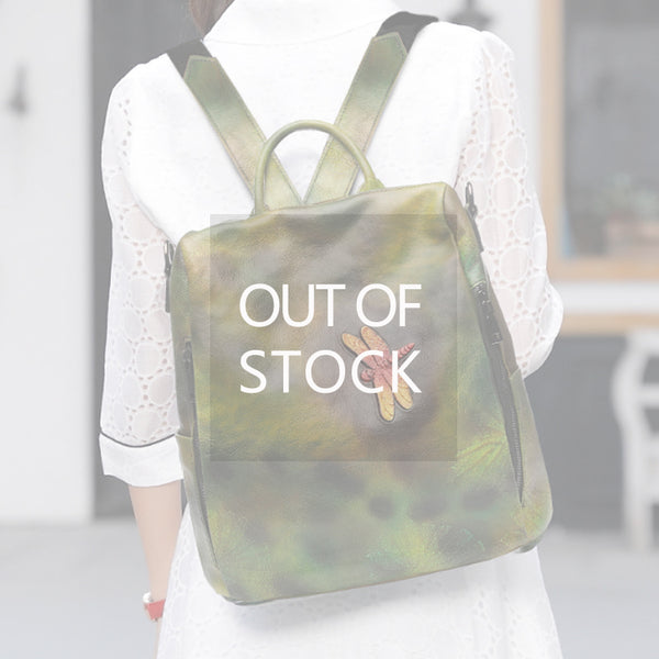 Elegant Womens Green Leather Backpack Bag Dragonfly Purse for Women