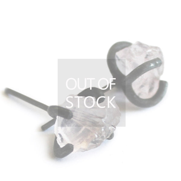 Natural Rose Quartz Crystal Stud Earrings in Vintage Silver Handmade Jewelry Accessories Women