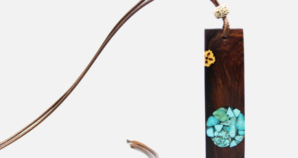 Turquoise Wood Resin Pendant Necklace Handmade December Birthstone Jewelry For Women Men