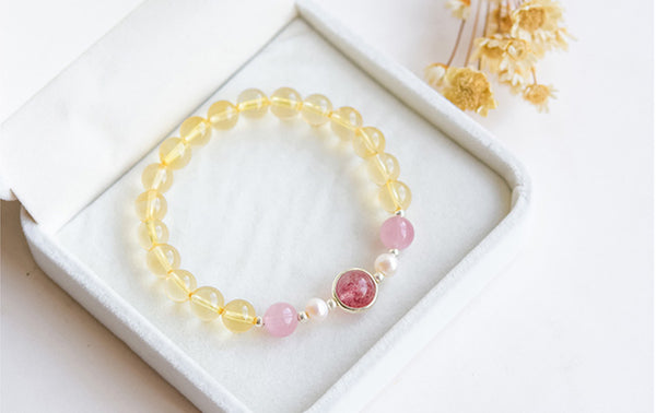 Citrine Strawberry Quartz Beaded Bracelet Handmade Jewelry Women
