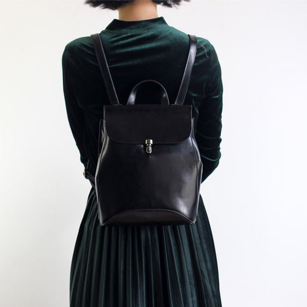 Vintage Handmade Leather Backpack Crossbody Shoulder Bag Purses Women black