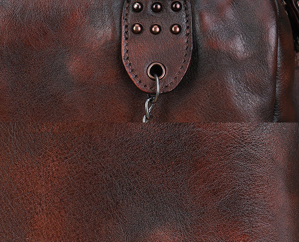 Ladies Small Leather Shoulder Bag With Rivets And Chain Brown Leather Crossbody Bag