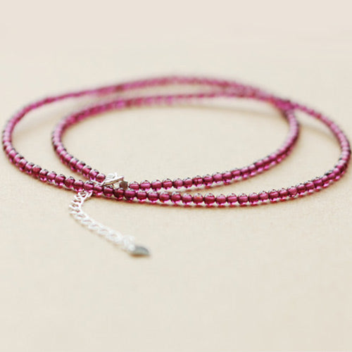Double Strand Garnet Silver Beaded Bracelet Handmade Birthstone Jewelry for Women
