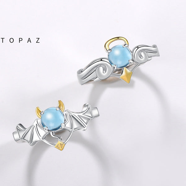 18K Gold Plated Silver Moonstone Or Topaz Ring Angel And Devil Couple Rings for Women and Men fashionable