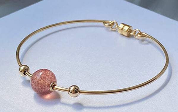 14K Gold Plated Womens Strawberry Quartz Crystal Bead Bracelet Bangle For Women