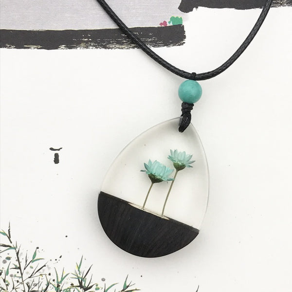 Herbage Resin Wood Pendant Necklace Handmade Jewelry Gift Women