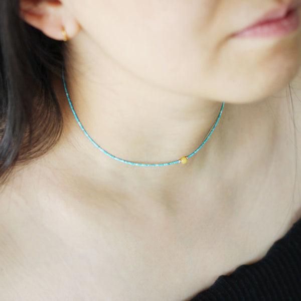 Sterling Silver Turquoise Amber Bead Choker Necklace Handmade Jewelry Women