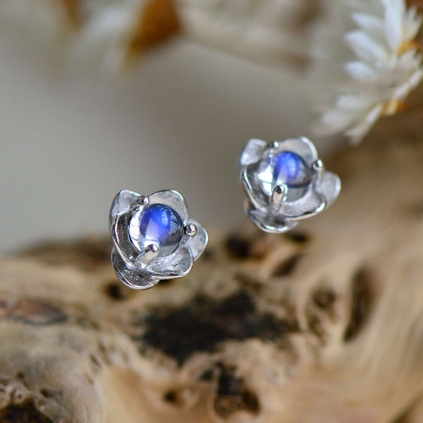 Moonstone Lotus Stud Earrings in White Gold Plated Sterling Silver Jewelry for Women