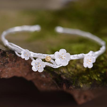 Sterling Silver Flower Bangle Bracelets Unique Jewelry Accessories Gifts For Women