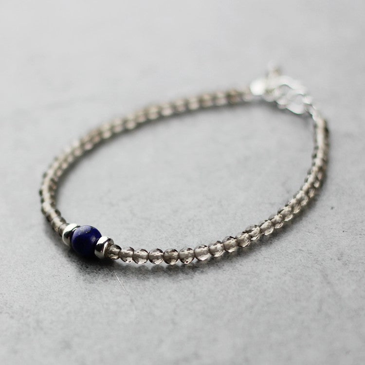 Faceted Smoky Quartz Lapis Lazuli Bead Bracelet Handmade Birthstone Jewelry Women
