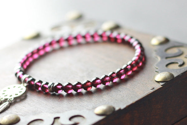 Sterling Silver Dream Catch Garnet Beaded Bracelet Handmade Jewelry for Women