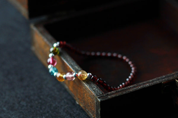 Garnet Silver Tourmaline Beaded Bracelet Handmade Birthstone Jewelry for Women
