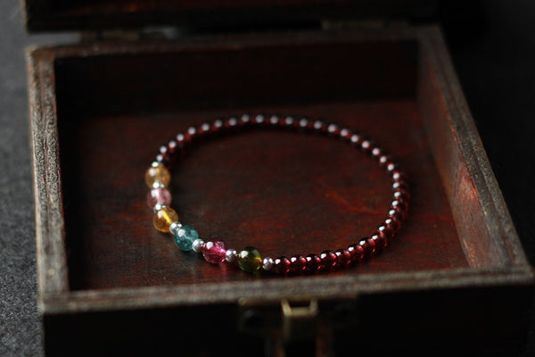 Garnet Silver Tourmaline Beaded Bracelet Handmade Birthstone Jewelry for Women