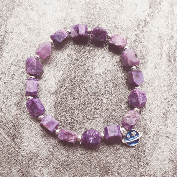 Raw Charoite Beaded Bracelet with Sterling Silver Handmade Jewelry Accessories Women