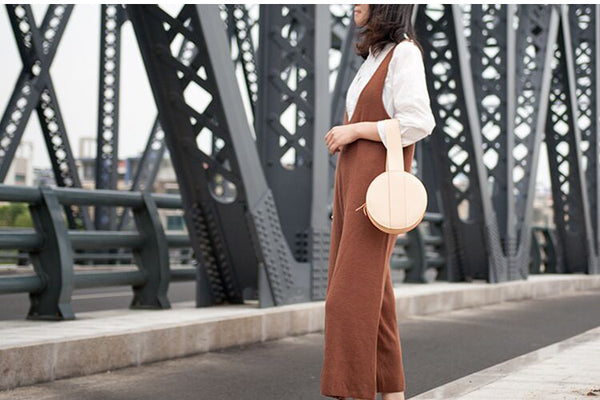 Handmade Leather Round Handbag Circle Leather Purse Case women