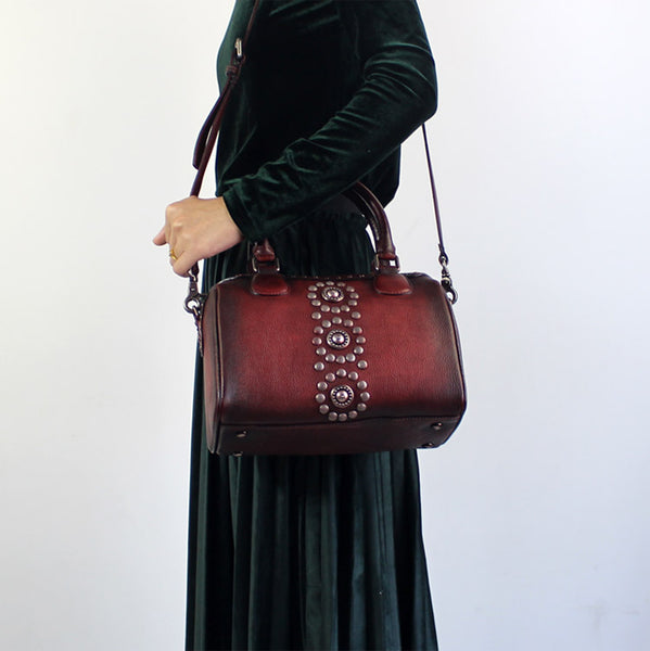 Rivets Womens Designer Handbags Brown Leather Shoulder Bag for Women