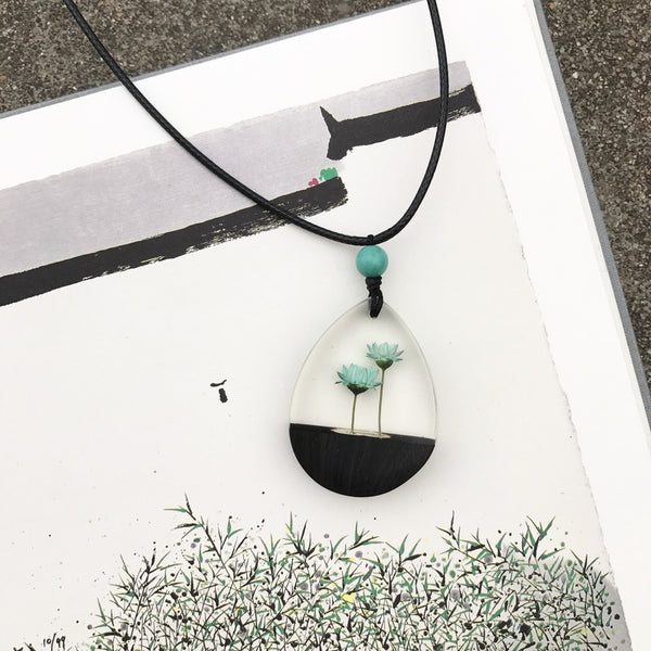 Herbage Resin Wood Pendant Necklace Handmade Jewelry Gift Women