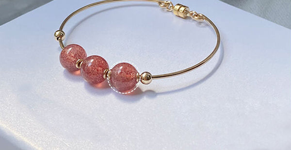 14K Gold Plated Womens Strawberry Quartz Crystal Bead Bracelet Bangle For Women