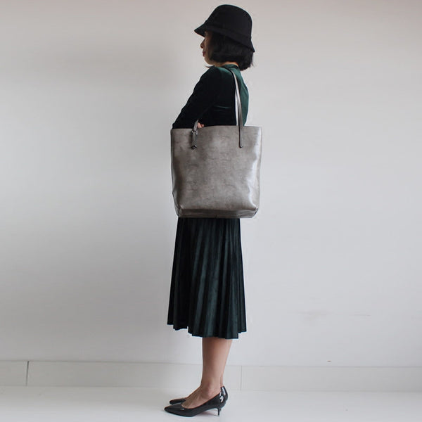 Zip Top Womens Grey Leather Shoulder Tote Bags Purse Handbags for Women