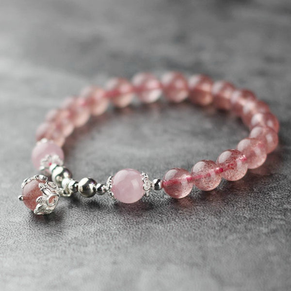Sterling Silver Strawberry Quartz Crystal Beaded Bracelet Handmade Jewelry for Women
