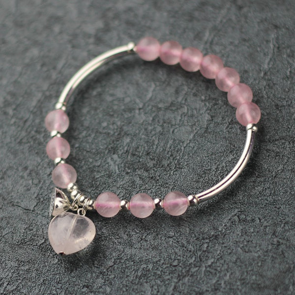Sterling Silver Rose Quartz Crystal Beaded Bracelet Handmade Jewelry for Women