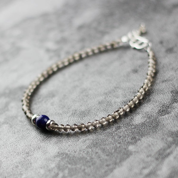 Faceted Smoky Quartz Lapis Lazuli Bead Bracelet Handmade Birthstone Jewelry Women