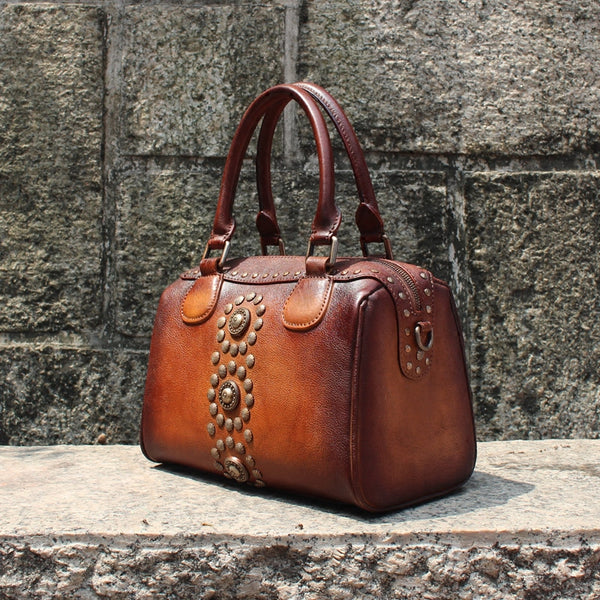 Rivets Womens Designer Handbags Brown Leather Shoulder Bag for Women