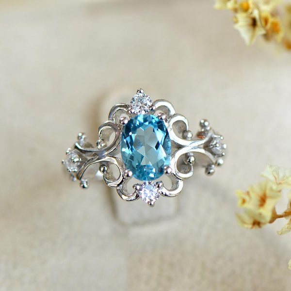 Blue Topaz Gold Silver Ring November Birthstone Handmade Jewelry WOMEN
